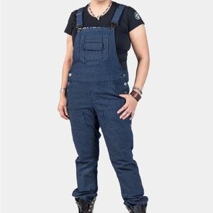 Dovetail Freshley Women’s Work Overalls in Blue and White Wabash pinstripe